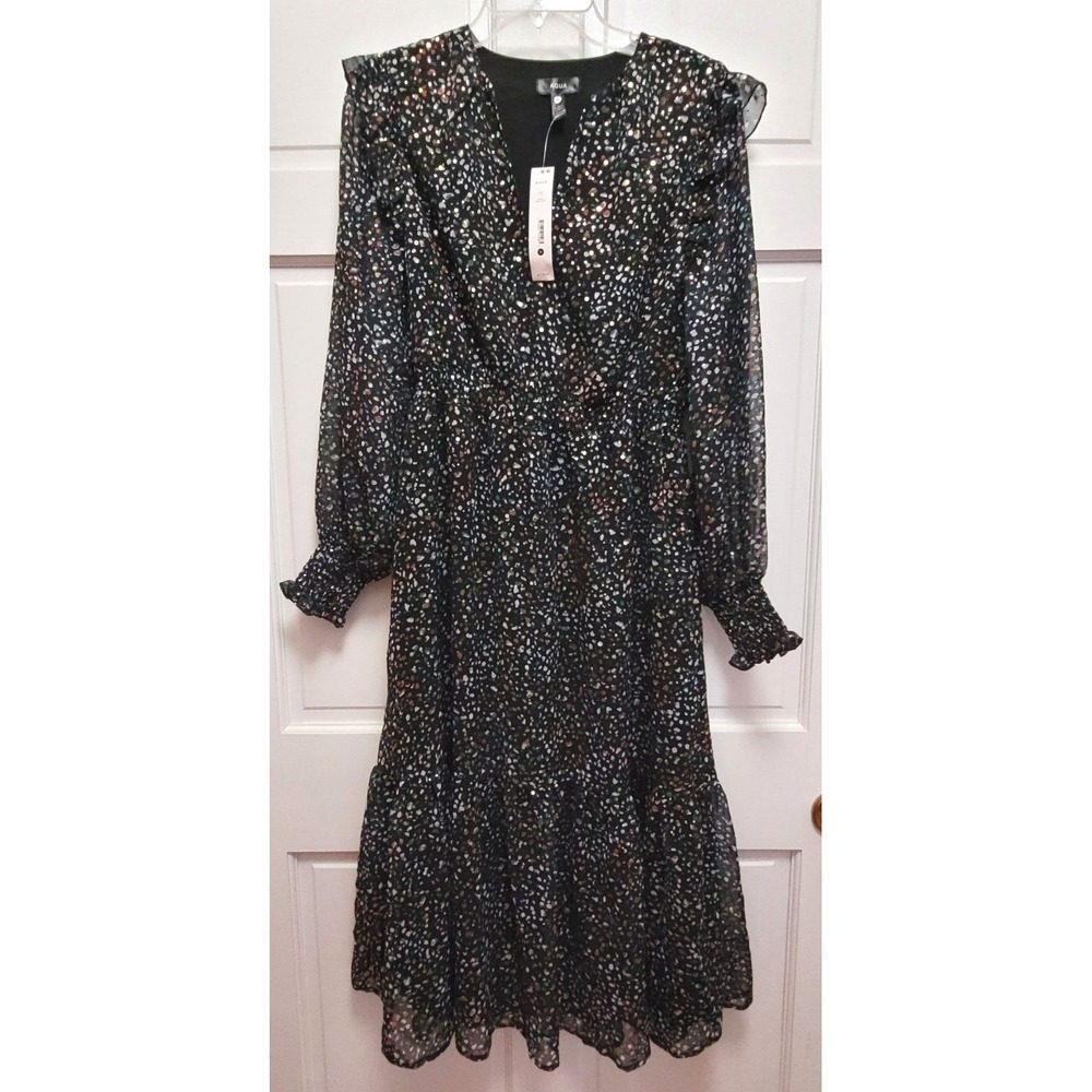 Aqua Women's Chiffon Ruffle Abstract Dot Black Multi Midi Dress - Medium